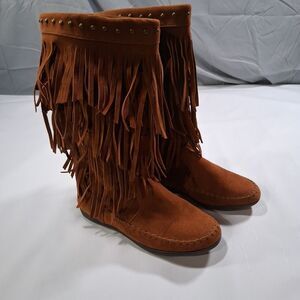 Rampage Capello Junior Fringe Moccasin Boots Size 7 Brown Faux Suede Ram-Cambra